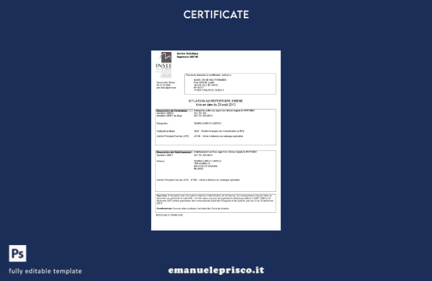 stile verificato Certificato di registrazione INSEE Francia Modello Word e PDF